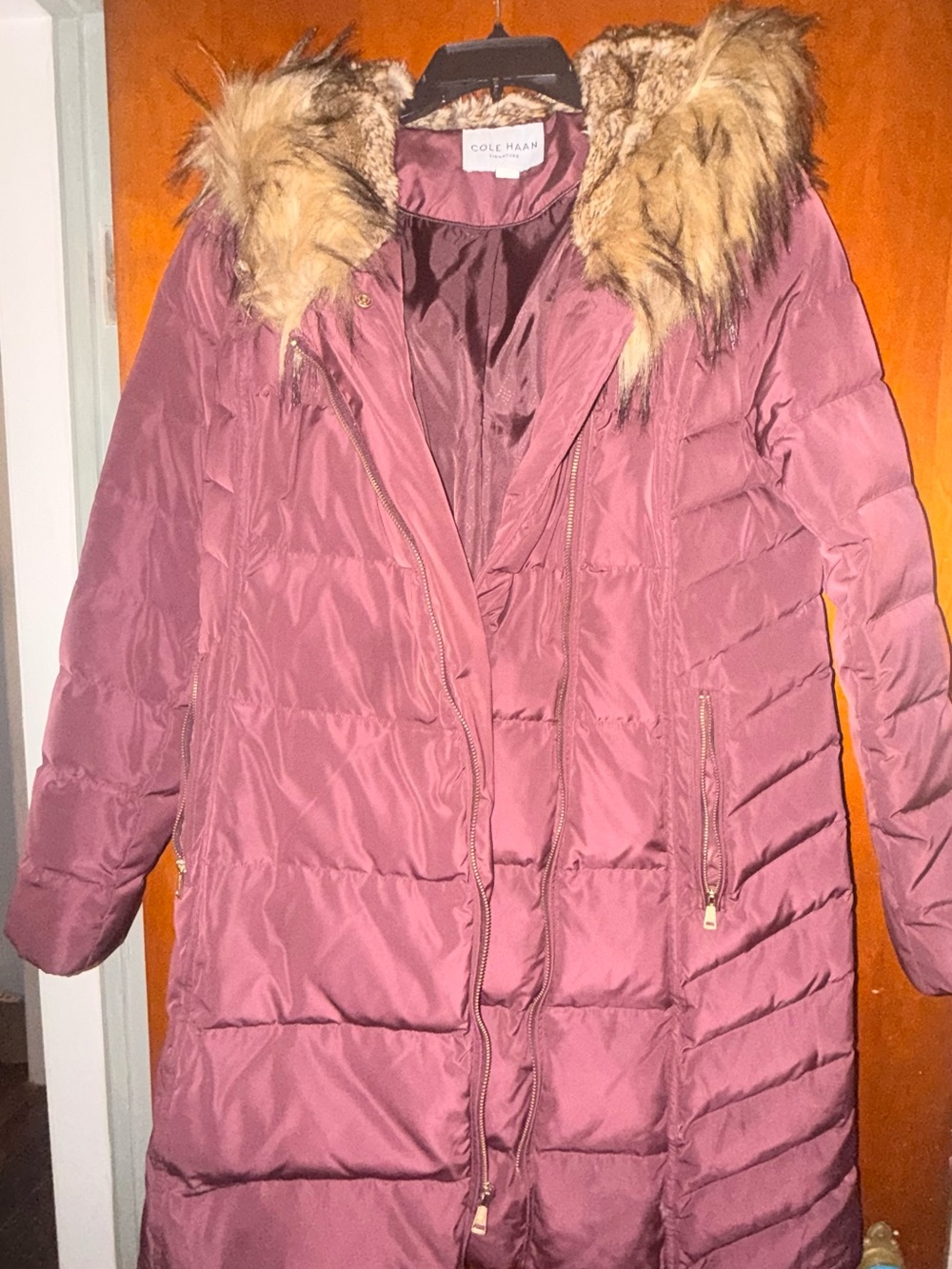 Cole Haan Dusty Rose Long Puffer Coat with Faux Fur Hood
